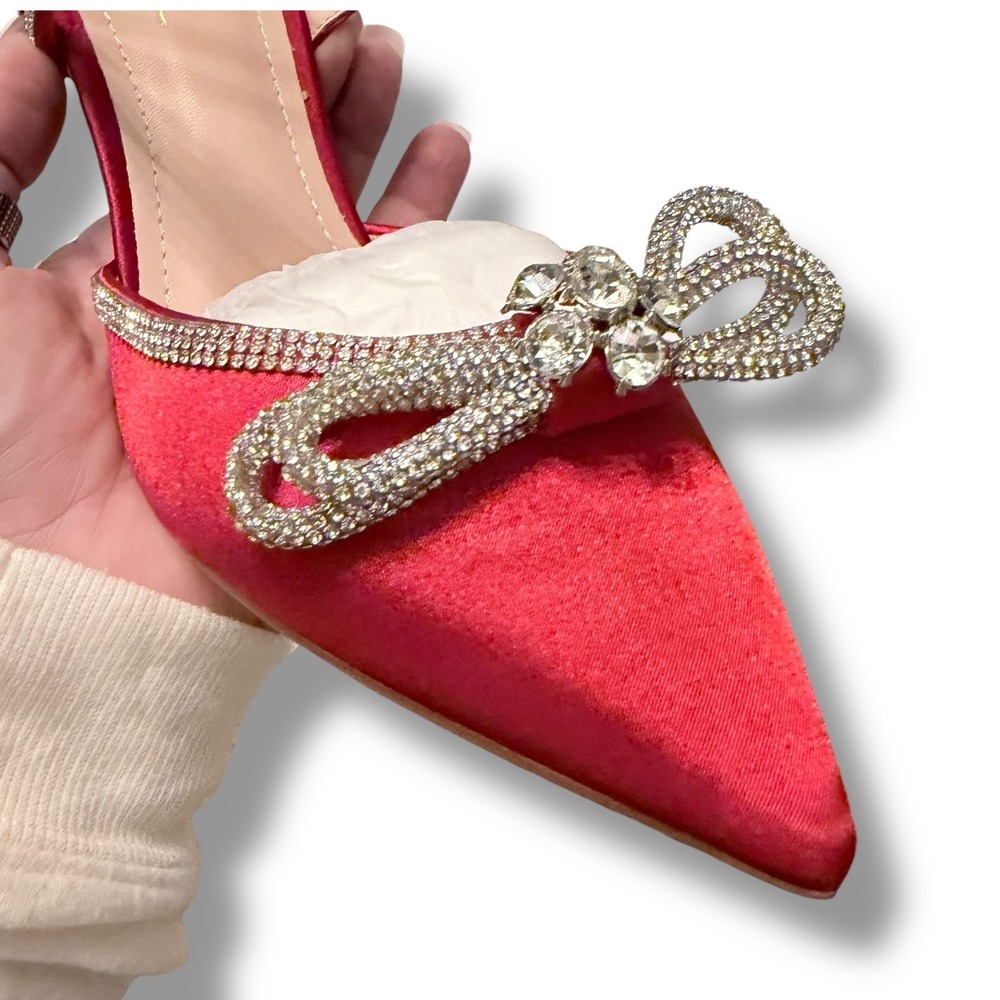 Susanny Red Stiletto Heel Sandals Women's Sz 7.5 Pointed Toe Bow Rhinestone - Picture 7 of 16